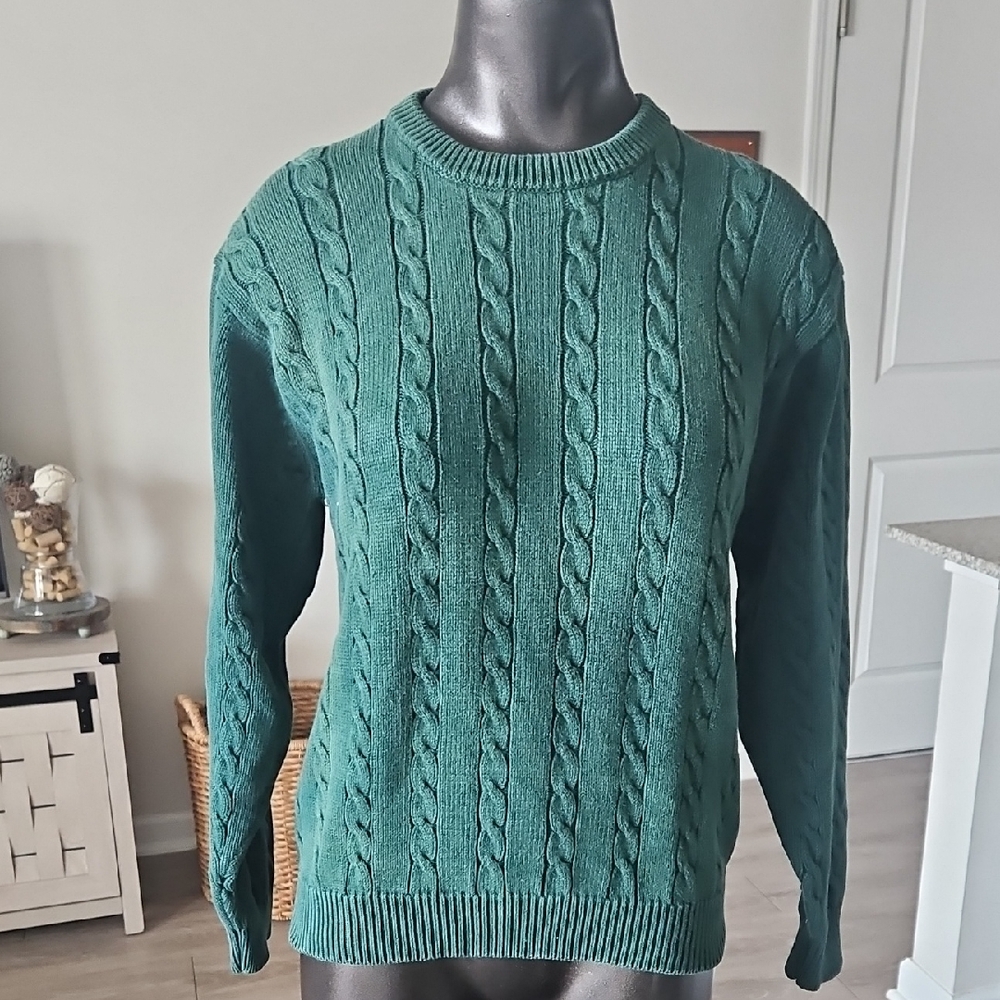 Men's Vintage 90's Green Cable Knit Sweater, Sea Island, Size Small